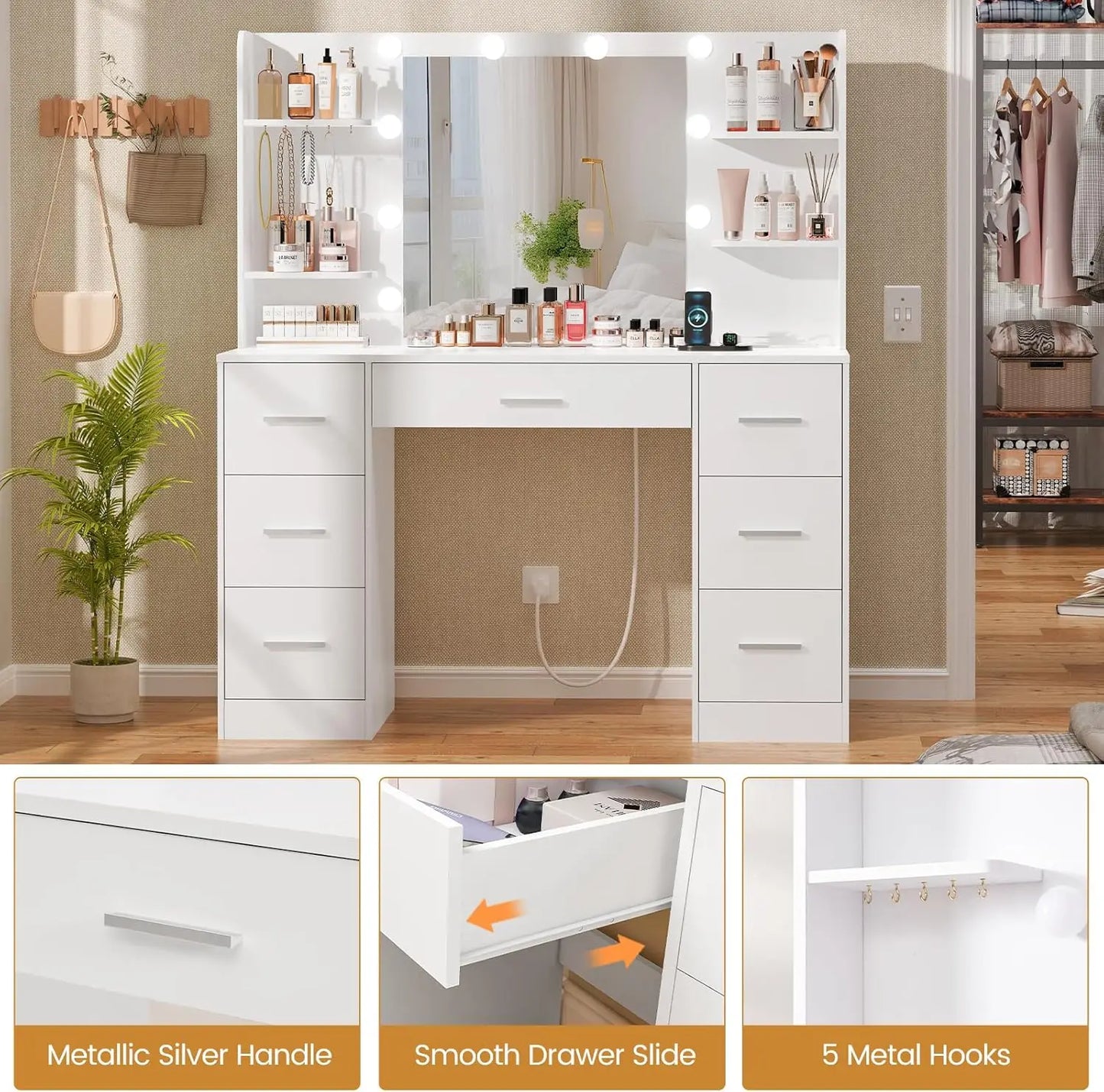 Large Vanity Desk with LED Lighted Mirror & Power Outlet