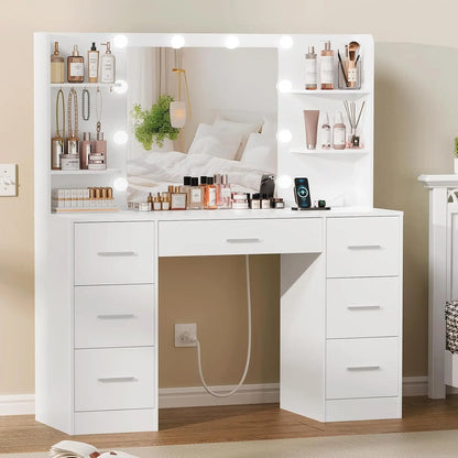 Large Vanity Desk with LED Lighted Mirror & Power Outlet