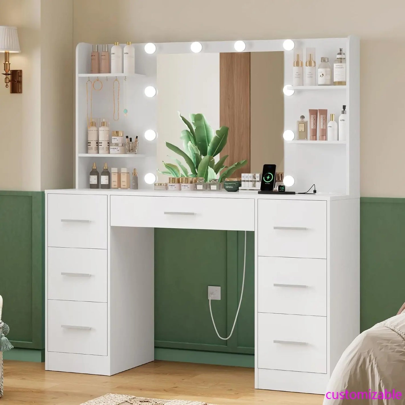 Large Vanity Desk with LED Lighted Mirror & Power Outlet