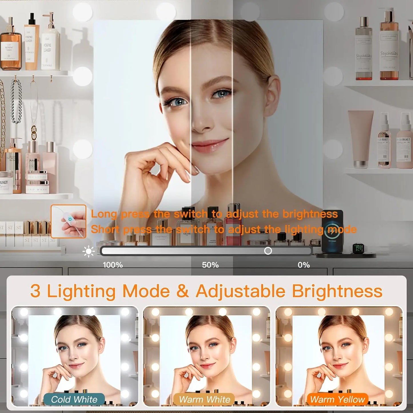 Large Vanity Desk with LED Lighted Mirror & Power Outlet