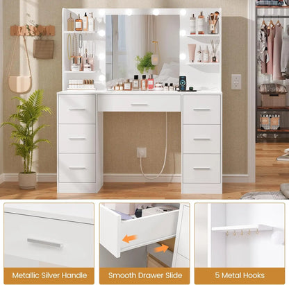 Large Vanity Desk with LED Lighted Mirror & Power Outlet