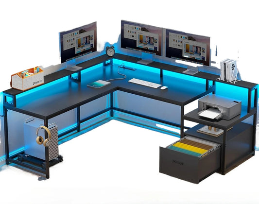 L Shaped LED Gaming Desk, 66" Desk with File Drawer